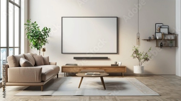 Obraz Empty living room mockup a TV wall mounted with sofa in living room with cream color wall- 3D rendering 