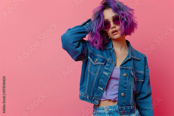 Fototapeta Photo of a fashion model posing, wearing a blue denim jacket and jeans with purple hair and sunglasses on a pink background, in the style of a copy space concept, in a studio shot