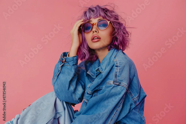 Fototapeta Photo of a fashion model posing, wearing a blue denim jacket and jeans with purple hair and sunglasses on a pink background, in the style of a copy space concept, in a studio shot