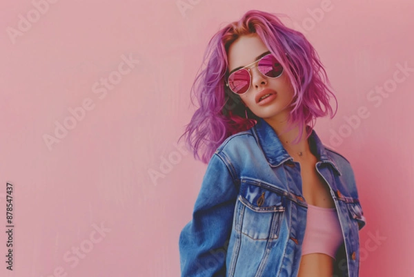 Fototapeta Photo of a fashion model posing, wearing a blue denim jacket and jeans with purple hair and sunglasses on a pink background, in the style of a copy space concept, in a studio shot