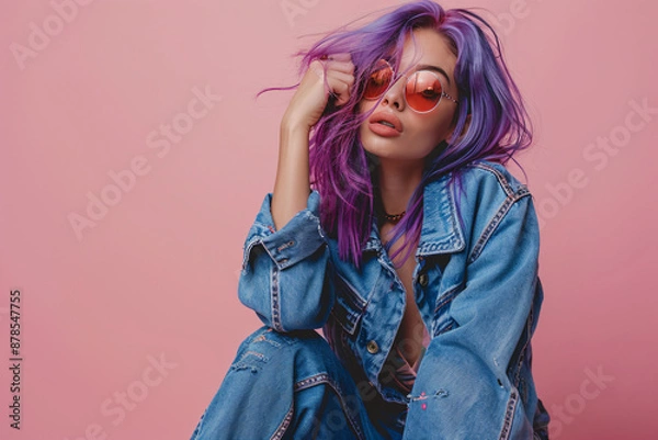 Fototapeta Photo of a fashion model posing, wearing a blue denim jacket and jeans with purple hair and sunglasses on a pink background, in the style of a copy space concept, in a studio shot