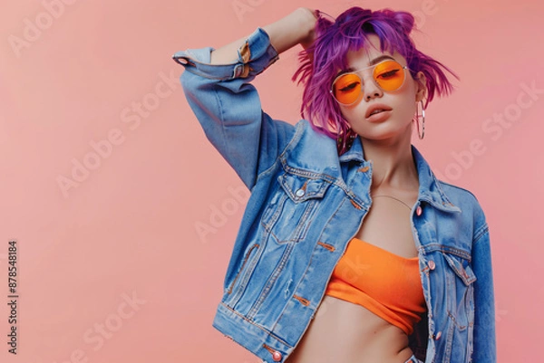 Fototapeta Photo of a fashion model posing, wearing a blue denim jacket and jeans with purple hair and sunglasses on a pink background, in the style of a copy space concept, in a studio shot