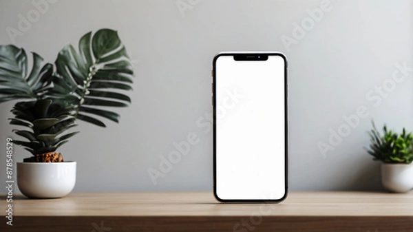 Fototapeta Black mobile smartphone mockup with blank screen isolated on a table, application or design project.