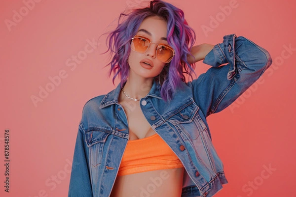 Fototapeta Photo of a fashion model posing, wearing a blue denim jacket and jeans with purple hair and sunglasses on a pink background, in the style of a copy space concept, in a studio shot
