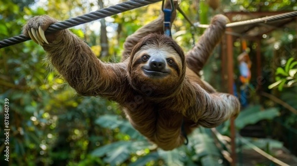 Fototapeta A sloth zip-lining through the rainforest with a big smile on its face