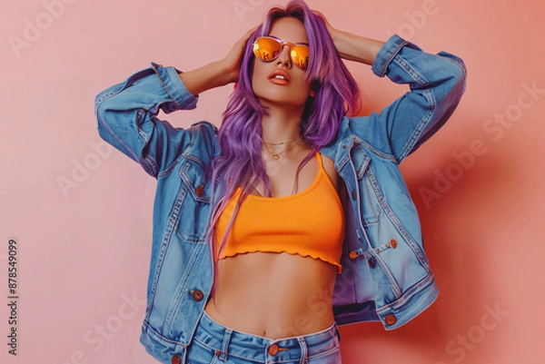 Fototapeta Photo of a fashion model posing, wearing a blue denim jacket and jeans with purple hair and sunglasses on a pink background, in the style of a copy space concept, in a studio shot