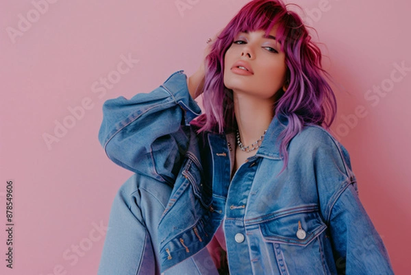 Fototapeta Photo of a fashion model posing, wearing a blue denim jacket and jeans with purple hair and sunglasses on a pink background, in the style of a copy space concept, in a studio shot