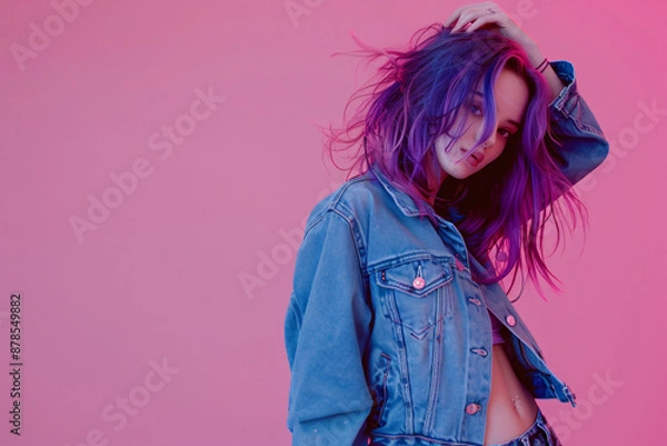 Fototapeta Photo of a fashion model posing, wearing a blue denim jacket and jeans with purple hair and sunglasses on a pink background, in the style of a copy space concept, in a studio shot
