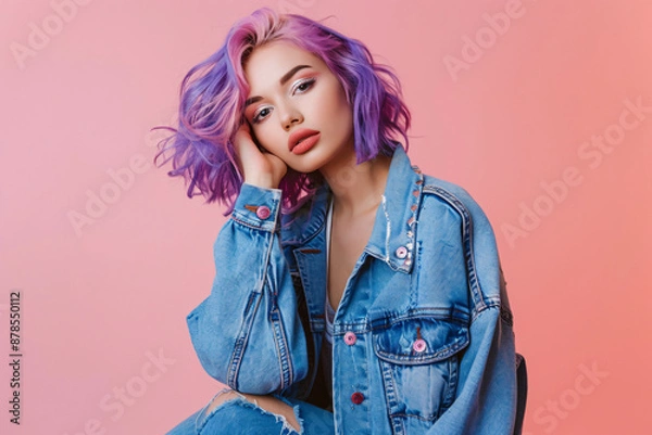 Fototapeta Photo of a fashion model posing, wearing a blue denim jacket and jeans with purple hair and sunglasses on a pink background, in the style of a copy space concept, in a studio shot