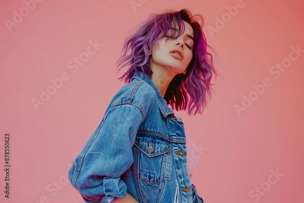 Fototapeta Photo of a fashion model posing, wearing a blue denim jacket and jeans with purple hair and sunglasses on a pink background, in the style of a copy space concept, in a studio shot
