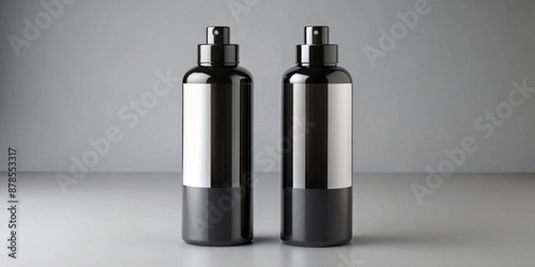 Fototapeta Two Black Spray Bottles with Blank Labels, 3D Rendering, Mockup, Design, Packaging, product mockup, label design, spray bottle, black bottle