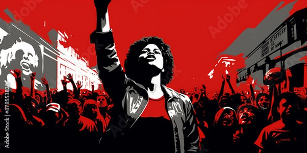 Fototapeta A powerful woman leads a crowd of people in red and black, raising their fists in protest, symbolizing revolution and social change 
