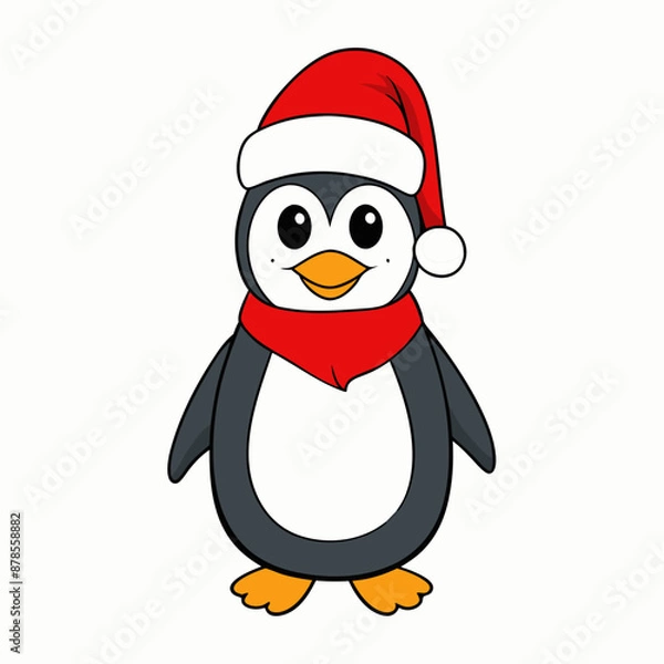 Fototapeta christmas penguin vector illustration, penguin with santa hat, penguin vector art, christmas vector Line art