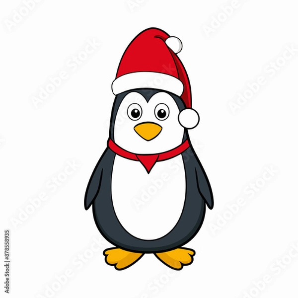 Fototapeta christmas penguin vector illustration, penguin with santa hat, penguin vector art, christmas vector Line art