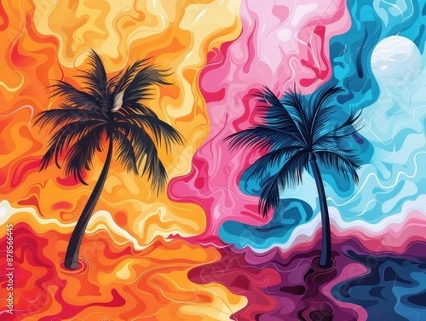 Fototapeta Fluid abstract designs flat design side view tropical theme cartoon drawing Split-complementary color scheme