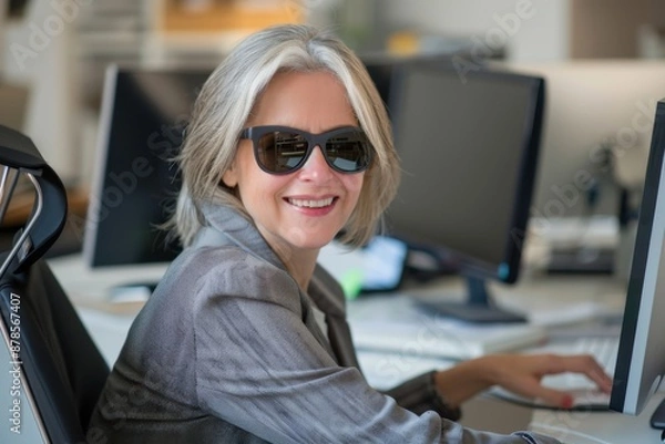 Fototapeta Blind secretary in suit working in the office with her computer