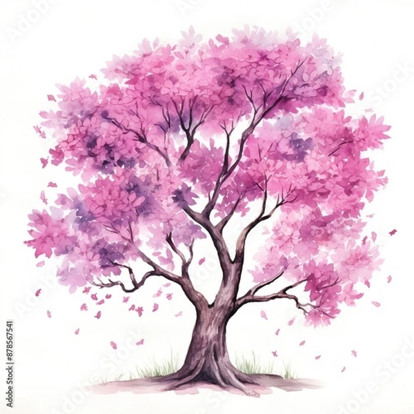 Obraz A tree with pink leaves is painted on a white background