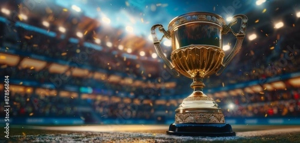 Fototapeta Golden trophy on a stadium background, symbolizing victory and achievement in sports under bright lights and cheering crowd. Celebrating champions with rewards for their outstanding success