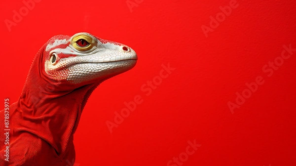 Fototapeta Red lizard with white scales against a bright red background, perfect for a bold and graphic design project. 

