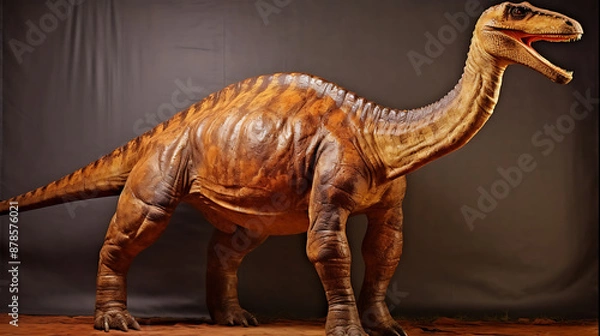 Fototapeta A realistic brown dinosaur with a long neck, standing against a dark background, evokes a sense of wonder and prehistoric adventure. 

