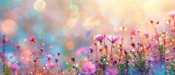 Fototapeta Beautiful multicolored spring meadow background with wild flowers and bokeh lights