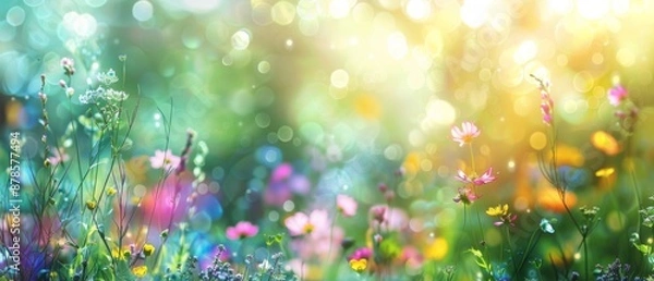 Fototapeta Beautiful multicolored spring meadow background with wild flowers and bokeh lights