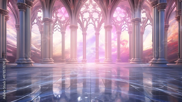 Fototapeta White columns, pink and blue sky,  fantasy architecture,  a magical and ethereal setting. 
