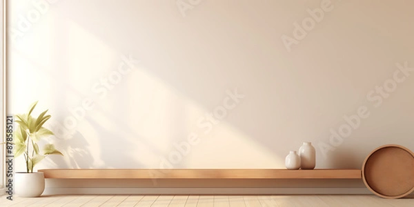 Fototapeta Empty room, simple wooden shelf.