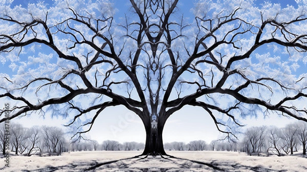 Fototapeta Frozen tree, symmetrical branches, winter landscape.
