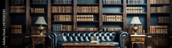 Fototapeta Dark library interior, bookshelves filled with volumes.