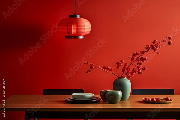 Fototapeta Red room, lantern, vase with branches, table setting.
