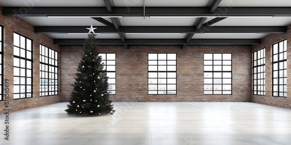 Fototapeta Empty loft space with a Christmas tree.