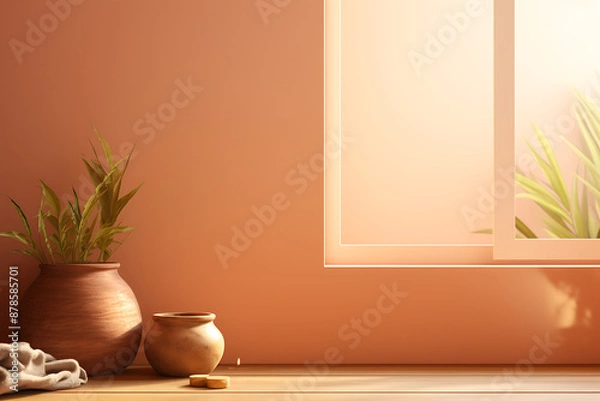 Fototapeta Sunlight streams through a window, illuminating terracotta pottery and greenery on a peach-toned sill.
