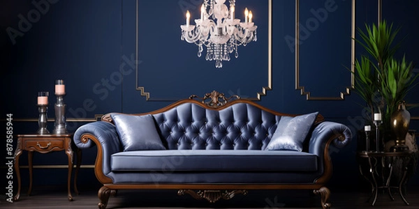 Fototapeta Elegant dark blue sofa in a luxurious room.