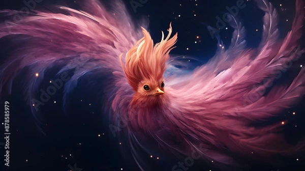 Fototapeta Pink and purple feathered bird soaring through starry space.
