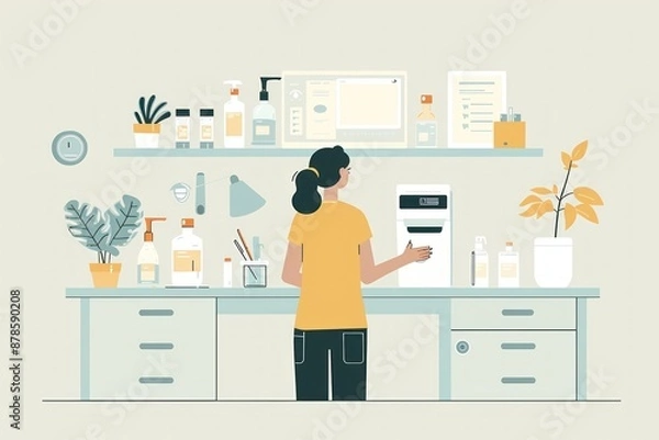 Obraz Flat design illustration showing a person sanitizing their hands using a hand sanitizer dispenser. The scene is set against a clean and simple background with elements such as a desk and office