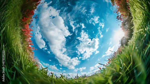 Obraz A vibrant sky framed by green grass and wildflowers.
