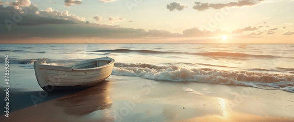 Fototapeta A small white boat sits on a sandy beach at sunrise. Gentle waves lap the shore.

