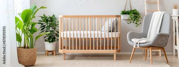 Fototapeta A light-colored crib and chair in a nursery, surrounded by plants.
