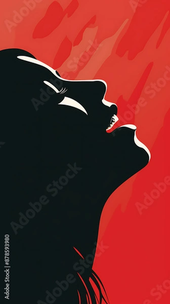 Fototapeta Silhouette of a woman, head tilted back, against a red background. A powerful, expressive pose.
