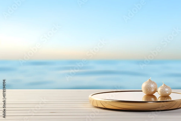 Fototapeta Serene summer beach scene  gold platform with pearl-like objects  blue and gold tones evoke calm.
