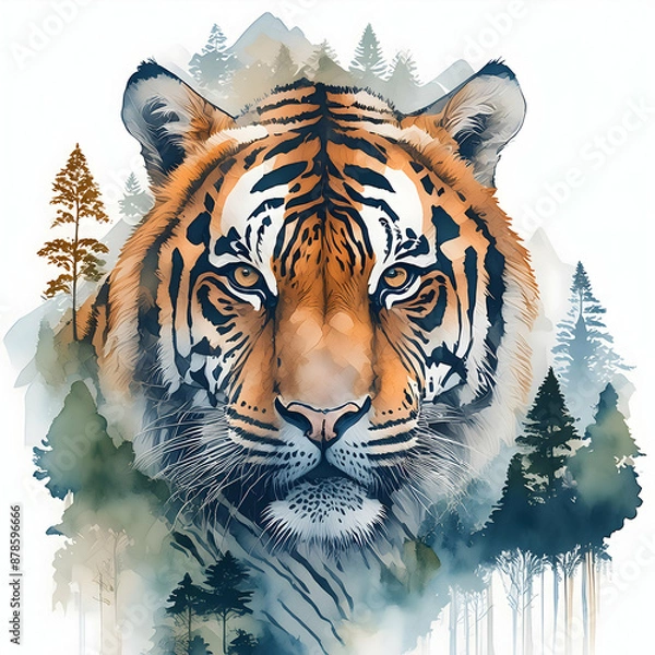 Fototapeta Abstract water colour double exposure front tiger with forest on Generative AI.