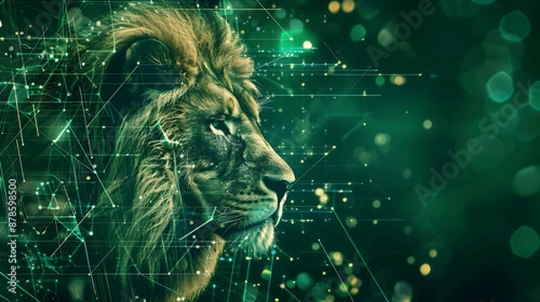 Fototapeta A powerful lion with green and gold hues, a digital abstract concept for technology and nature. 
