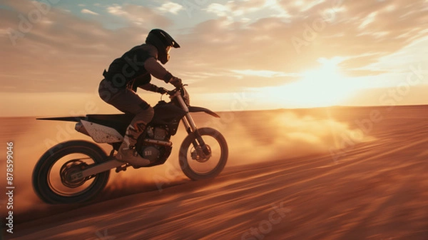 Fototapeta Motorcyclist speeding through desert terrain, creating a dust cloud during sunset, off-road adventure