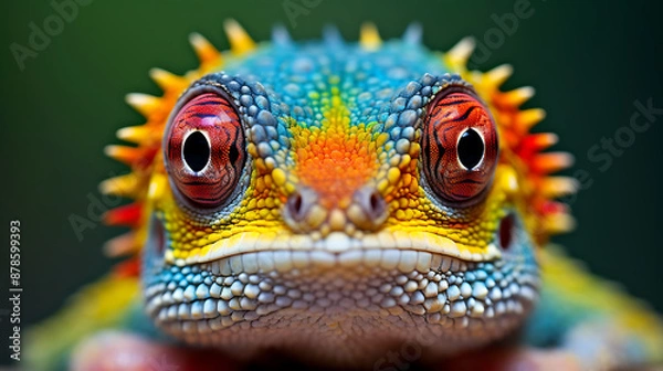 Fototapeta Close-up of a colorful lizard with red eyes and yellow and blue scales, a captivating macro shot for wildlife and nature photography projects. 
