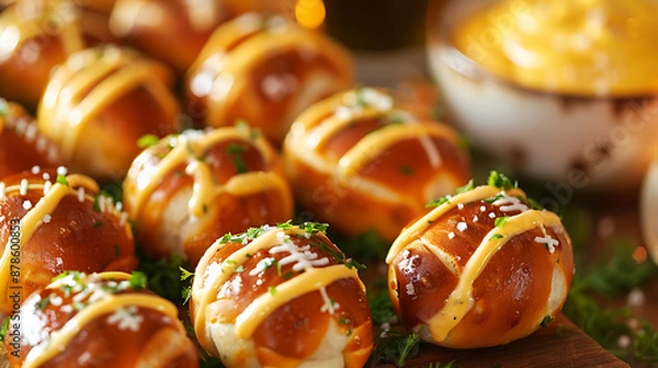 Fototapeta Golden brown pretzel bites drizzled with yellow cheese sauce, perfect for game day snacks. 
