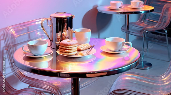 Fototapeta Pastel pink and blue holographic table with donuts and coffee in a cafe setting, a modern and stylish breakfast scene for a stylish food blog. 
