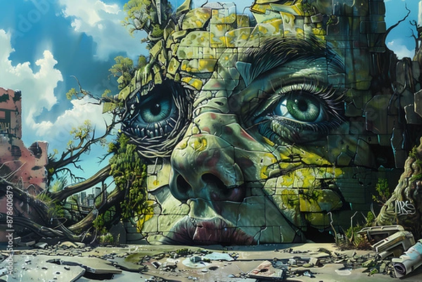Fototapeta A green and yellow cracked face mural on a crumbling wall, symbolizing nature's resilience and hope in a post-apocalyptic world. 

