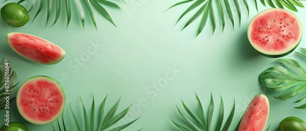 Fototapeta Creative watercolor of a watermelon-themed summer party with decorations and fruit platters