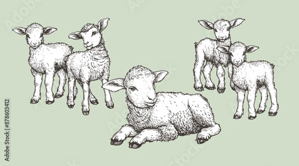 Fototapeta Hand drawn sketch lambs set. Farm animals vintage woodcut engraving style. Vector illustrations collection.